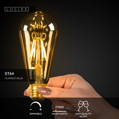 Lucide ST64 - Filament bulb - Ø 6,4 cm - LED Dim. - E27 - 1x5W 2700K - Amber